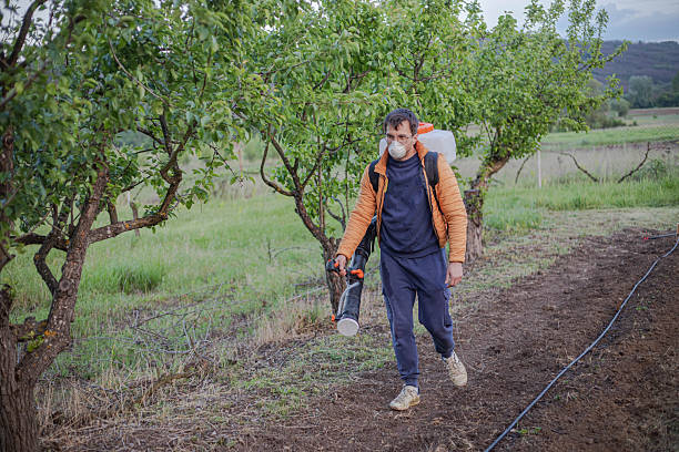 Young farmer with a sprayer on his back