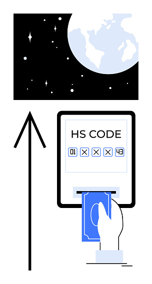 Hand Inserting Card Into Hs Code Machine With Earth And Space Backdrop ...