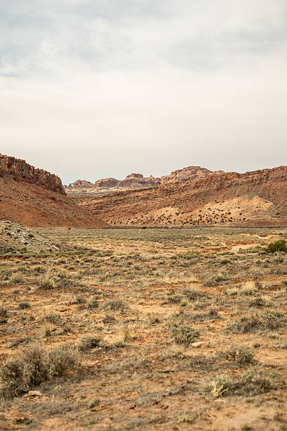 istock A wide desert valley in the American Southwest with sparse vegetation and dramatic red cliffs under a hazy sky 2213145962