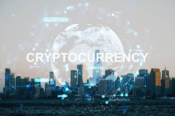 istock Digital cryptocurrency concept over modern city skyline with abstract global financial network connections and glowing economic data points. 2213146142