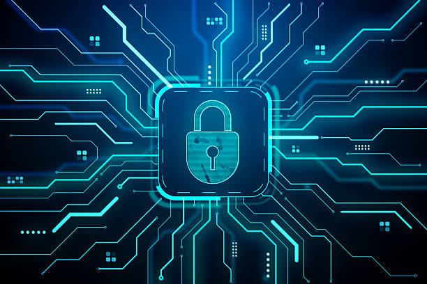 istock Digital padlock icon glowing on a neon circuit background with blue data lines representing cyber security and virtual privacy protection concept. 3D Rendering 2213146170