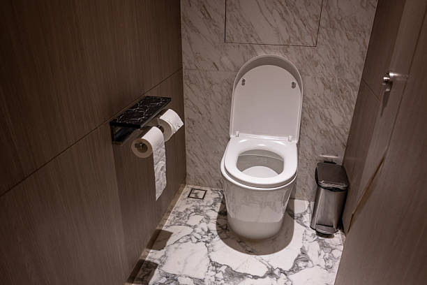 A clean, modern bathroom featuring marble walls and flooring, with a white toilet, tissue holder, and trash can. The space is well-lit and organized, suitable for showcasing interior design or bathroom products.