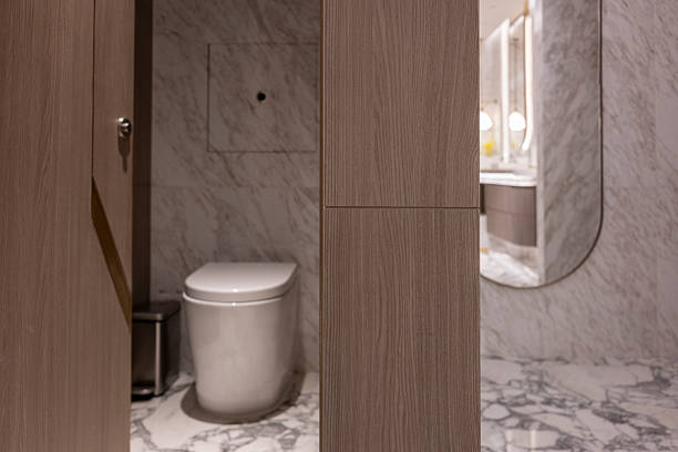 A clean, modern bathroom featuring marble walls and flooring, with a white toilet, tissue holder, and trash can. The space is well-lit and organized, suitable for showcasing interior design or bathroom products.