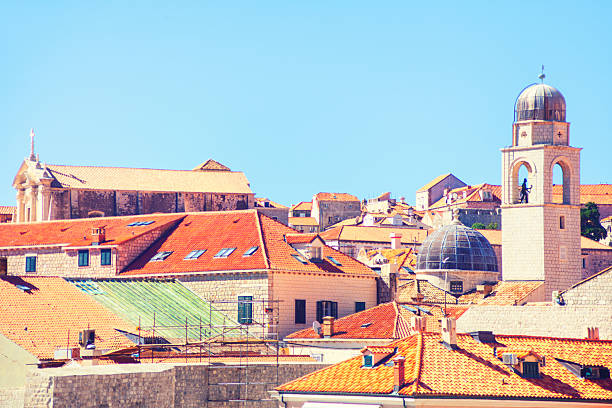 Historic cityscape with terracotta rooftops and stone buildings under a clear blue sky in Dubrovnik, Croatia. A charming bell tower and domed church add to the old-world Mediterranean charm