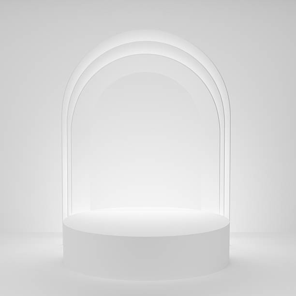 istock 3D realistic podium background - one white cylindrical pedestal on light gredient white. luminous shining arch as decor, mockup, 3d rendering. Geometric stage for placement product, showcase platform. 2213162994