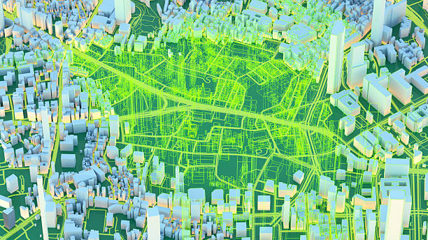 Three-dimensional plan for a city with visualization of energy optimization, 3D render.