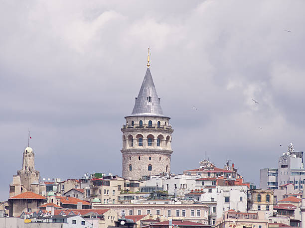 Iconic Galata Tower rises above Istanbul's cityscape with historic buildings and cloudy sky