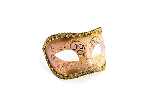istock Pink colored carnival mask with golden glitter decorations, isolated on white background 2213171650
