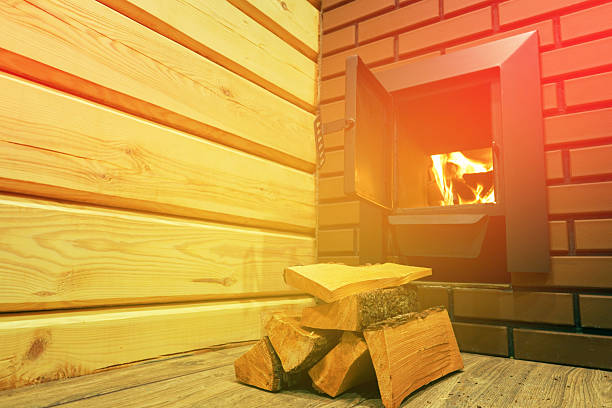 Fireplace in a log cabin during christmas