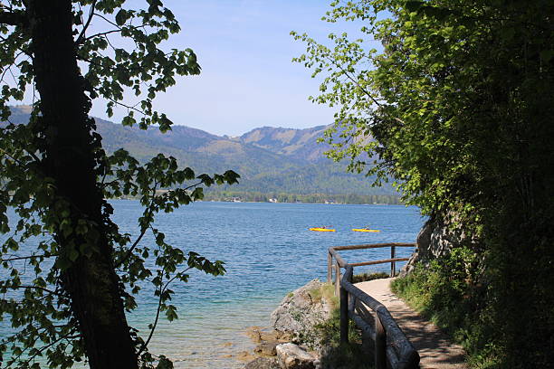View of Lake Wolfgangsee and surrounding mountains. Austria, Europe.