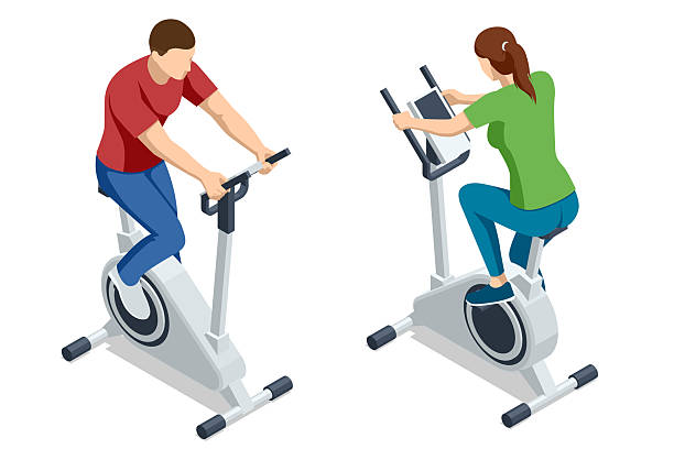 isometrische vektorillustration eines mannes und einer frau mit heimtrainern. indoor cycling, fitness-workout, cardio-training, fitnessgeräte-konzept. sportlicher lifestyle, sportgeräte. - spinning-bike stock-grafiken, -clipart, -cartoons und -symbole