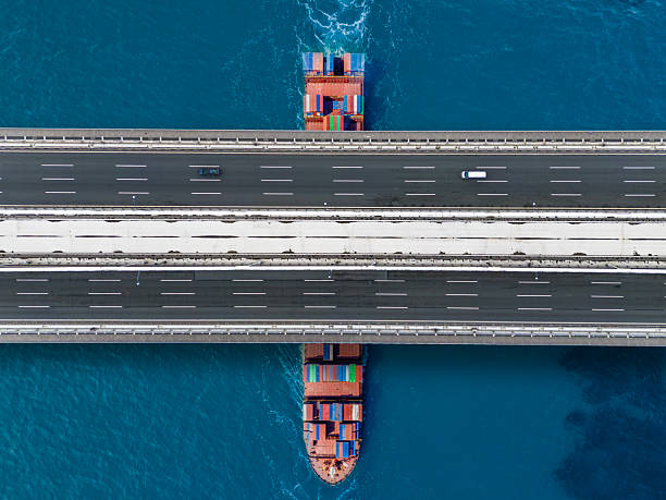 istock Aerial view of a cargo ship passing under bridge. Cargo Ship Beneath Bridge. 2213194328