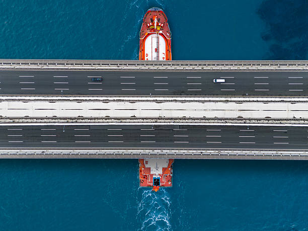 istock Aerial view of a cargo ship passing under bridge. Cargo Ship Beneath Bridge. 2213194387