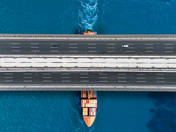 istock Aerial view of a cargo ship passing under bridge. Cargo Ship Beneath Bridge. 2213195158