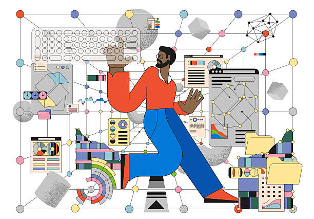 Data modeling, model development and deployment. Data modeling, model development and deployment. Data science and artificial intelligence vector concept and background. quantum stock illustrations