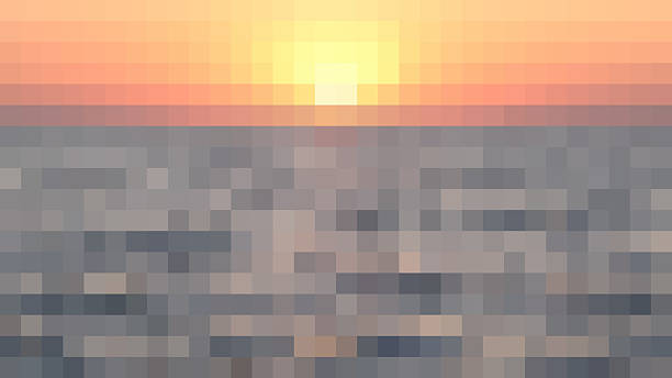 Sunset Sea Sky Sun Pixelated Abstract Background Horizon Mosaic Square Texture Wave Pattern Blue Orange Pale Pink Yellow Gray Mottled Striped Pixel Art Soft Focus Block Cube Geometric Shape Tile Template Golden Hour 16x9 Format