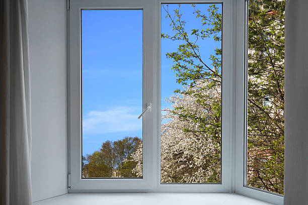 istock View from the window, blooming cherry, plum green trees, landscape with forest. 2213228463