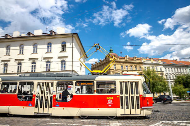 Prague, Czech Republic - June, 12, 2024:  Old tram passing by the old buildings on Kiarov street towards the Manesuv  Bridge. Panning photo.