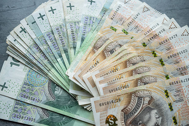 100 200 PLN zloty banknotes as financial background. Money in Polish currency.