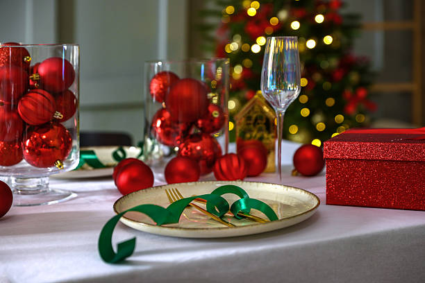 istock Christmas place setting with festive decor on table in room, closeup 2213231965