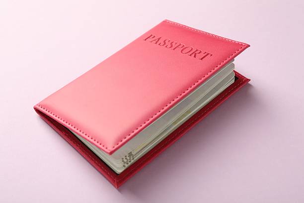 istock Passport in bright cover on pink background, closeup 2213232127