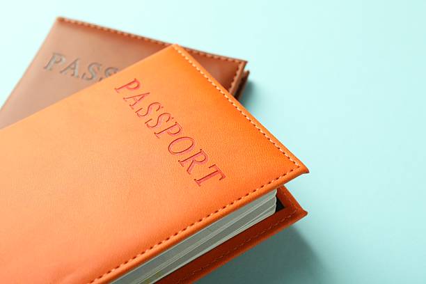 istock Passports in color covers on light blue background, closeup 2213232139