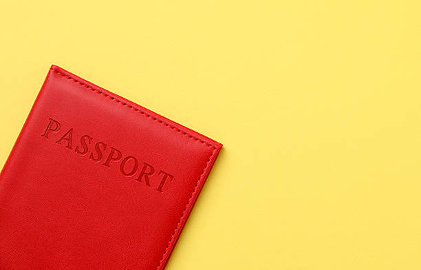 istock Passport in bright cover on yellow background, top view. Space for text 2213232607