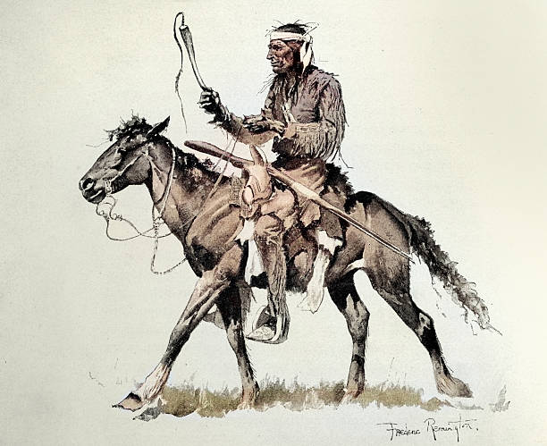 Native American warrior riding horse, on Oregon Trail, History of Wild West, Vintage illustration, 19th Century