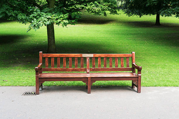 istock Empty wooden bench inviting visitors to relax in peaceful green park 2213233664