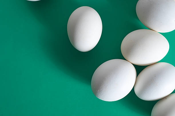 istock Overhead view of white eggs on a vibrant green background. 2213239679