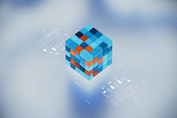 3D cube of lines and dots. Wireframe polygonal element on dark background. Science and technology. 3d rendering.