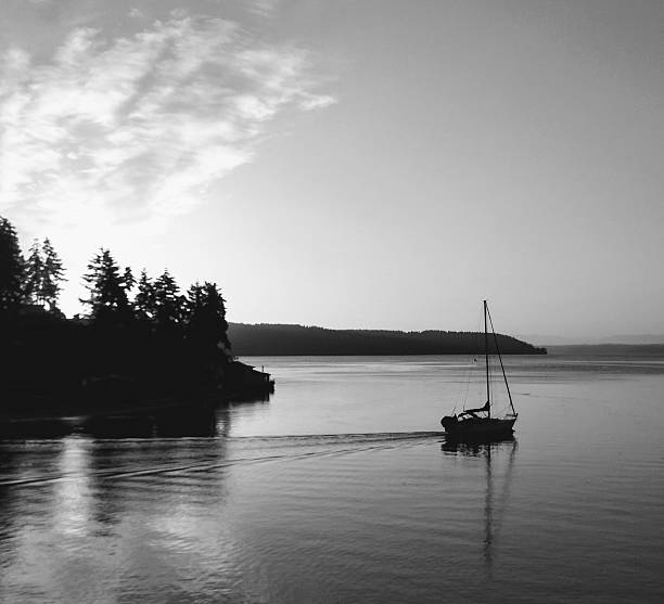 istock Black and White Pacific Ocean with Sailboat 2213248248