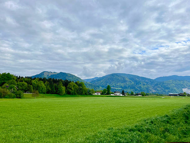 istock Austrian village with fields and mountains under cloudy sky 2213249193