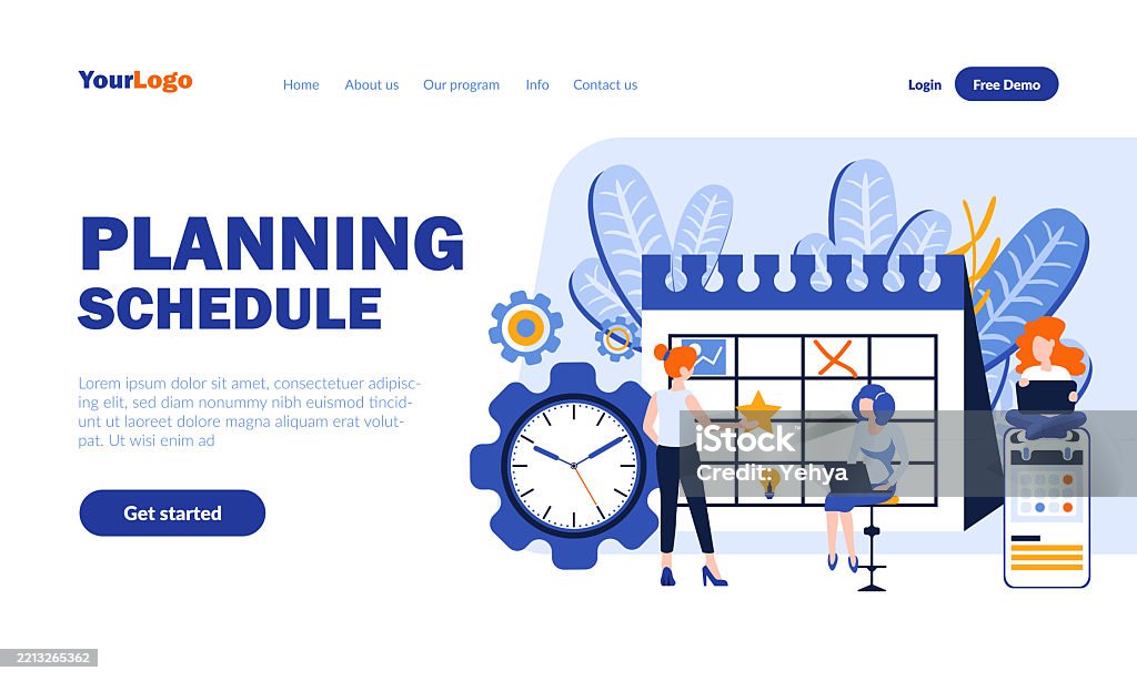 Planning Schedule Flat Landing Page Template With Header Work Time Use ...