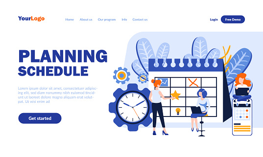 Planning Schedule Flat Landing Page Template With Header Work Time Use ...