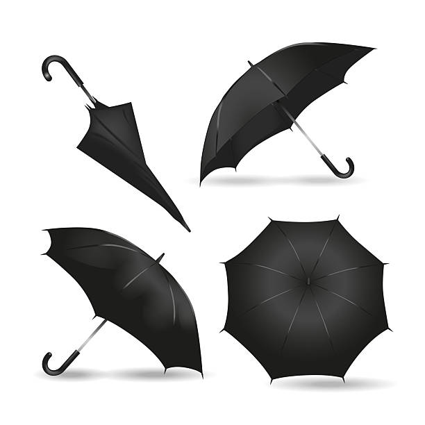 istock Realistic black rain umbrella mockups set. Opened and closed classic round umbrellas from different angles on white background. Black parasol blank templates with shadow vector illustration. 2213270612