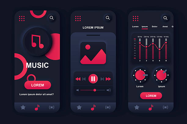 istock Music player unique neumorphic design kit for app. Audio player with music tracklist navigation, graphic equalizer screens. Music listening UI, UX template set. GUI for responsive mobile application. 2213272252