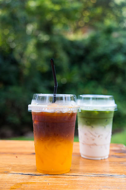 Iced Yuzu Americano orange and iced matcha latte green tea