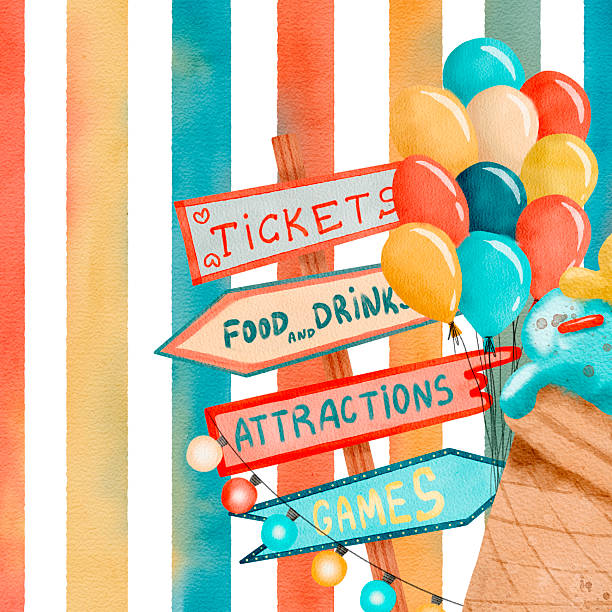 This vibrant illustration features carnival signage, festive balloons, and lively hues for exciting celebrations. Hand drawn watercolor composition on transparent background.