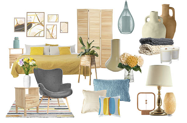 istock Stylish bedroom interior with different decorative elements and furniture on white background. Mood board collage 2213273819