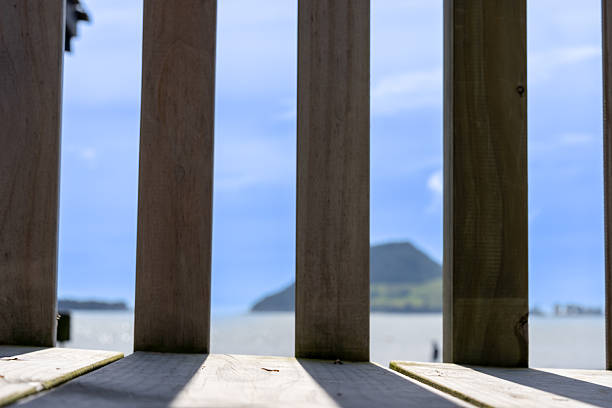 Paling pattern and shadow with bokeh landmark Mount Maunganui in background