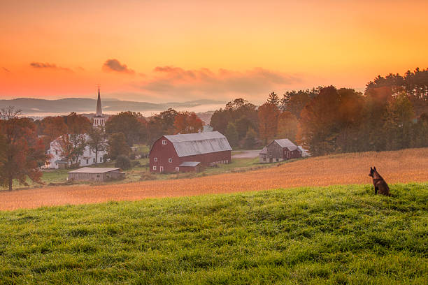 A red poultry barn in Grand Isle, Vermont, USA on a sunny day.