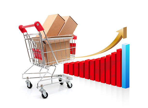 Shopping Cart and bar graph isolated on white background.