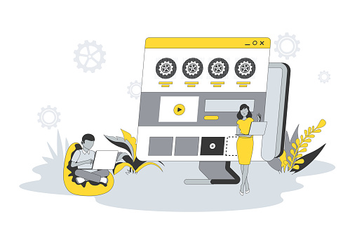Web Development Concept In Flat Line Design People Develop Site Layout ...