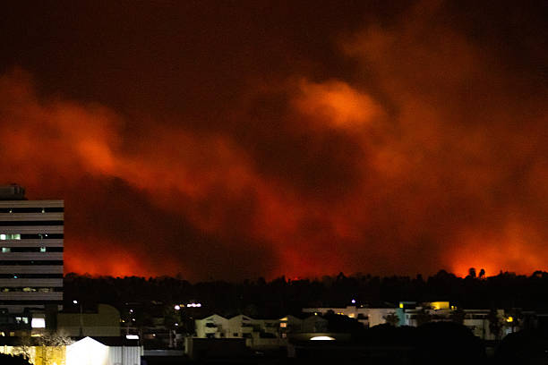 Los Angeles, California, USA. January 7th, 2025. Plumes of fiery smoke drift over Santa Monica at night as the Pacific Palisades fire burns near Los Angeles, California.