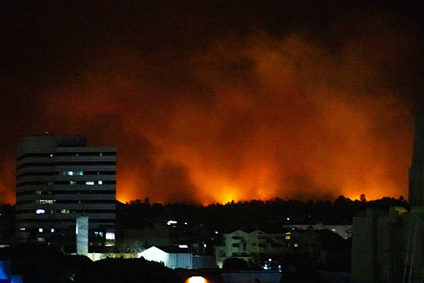 Los Angeles, California, USA. January 7th, 2025. Plumes of fiery smoke drift over Santa Monica at night as the Pacific Palisades fire burns near Los Angeles, California.