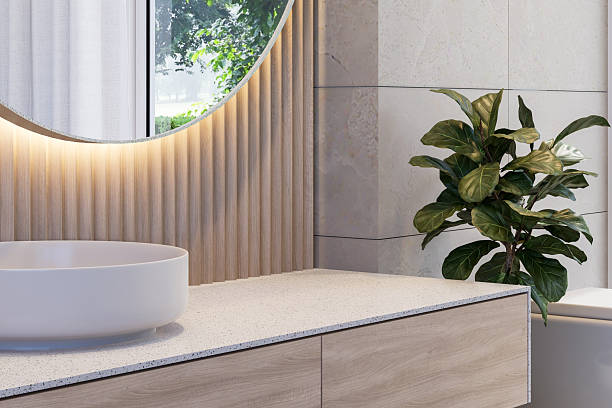 istock Empty white terrazzo sink top counter in modern luxury style bathroom 3d render 2213295846