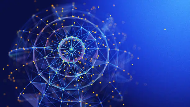 Photo of Abstract background 3D digital sphere quantum computing in cyber space. 3D algorithm blockchain grid global. Big data. Artificial intelligence design.