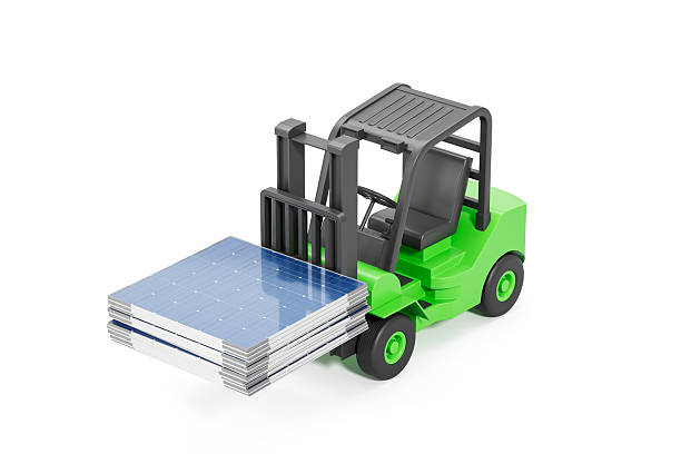 Green forklift transporting stacked solar panels, 3D Rendering style, isolated on white background. Concept of renewable energy and eco-friendly logistics