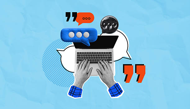 istock Hands typing on laptop with speech bubbles and quotes around on blue background. 2213299956